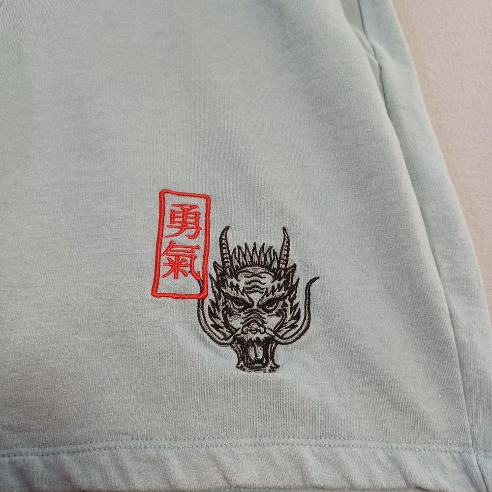 Blind Rooster Mens Dragon Graphic Sweat Shorts Blu Green Large Embroidered Kanji